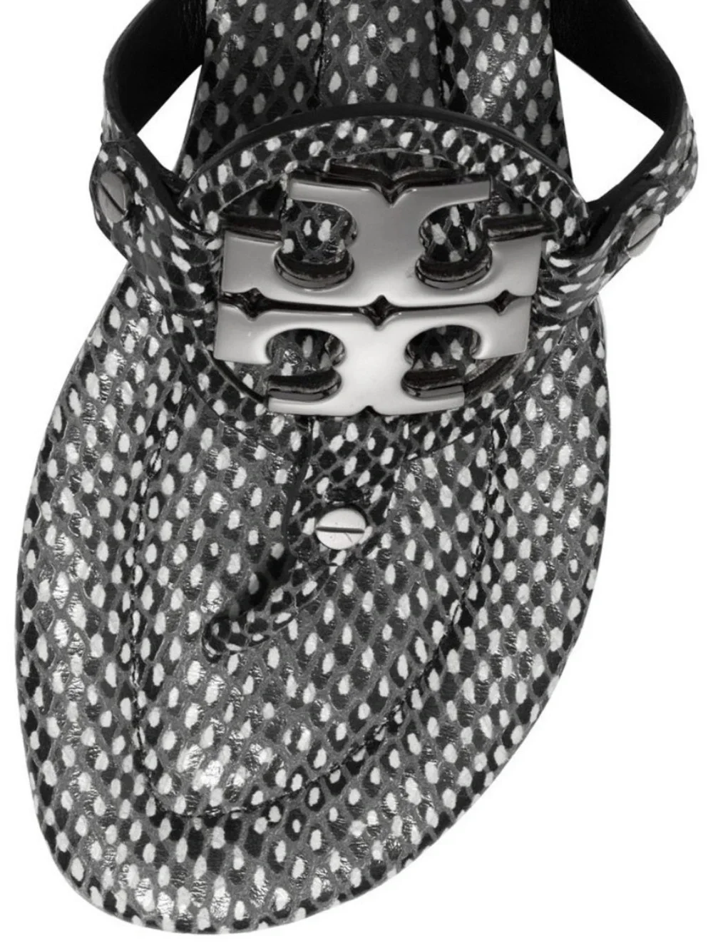 Tory Burch Black Polka Dot Snake Print Embossed Leather Metal Miller 2 Sandals